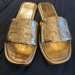 Tory Burch Double-T Leather Sport Slide Sandal Gold Spark GORGEOUS 😍 7.5